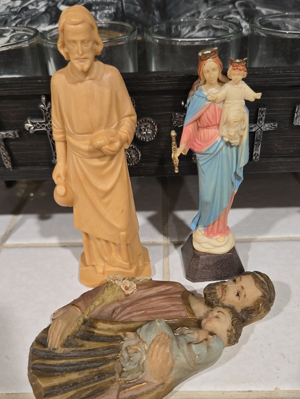 Lot Of 3 Vintage Religious Figurines St Joseph, Mother Mary Holding Baby Jesus